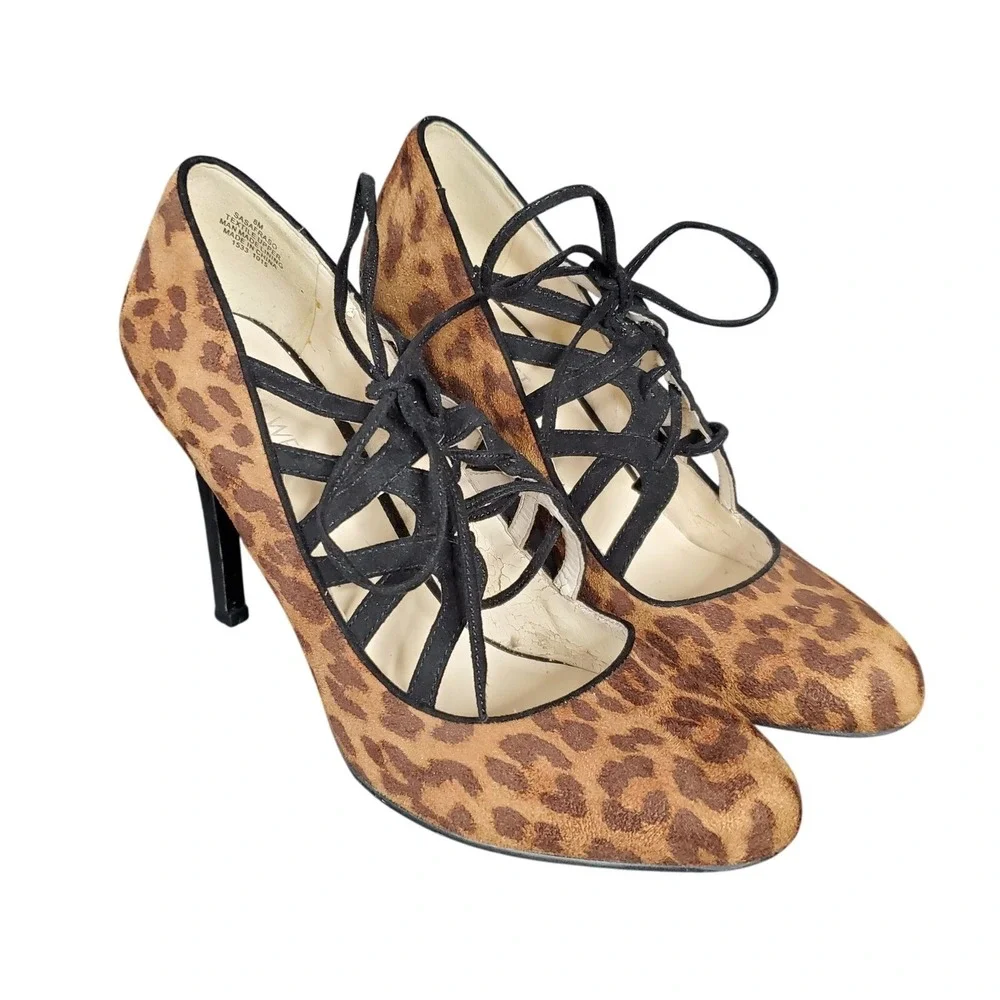 Nine‎ West Sasafraso Leopard Print Crisscross Stiletto Pumps Brown Black 8M